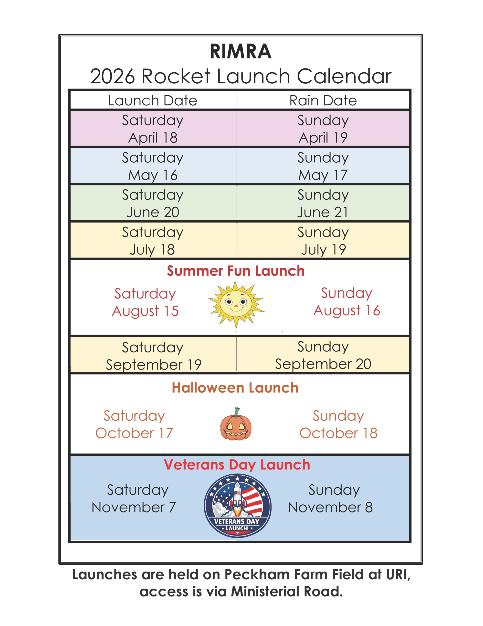 2026 Launch Schedule | Rhode Island Model Rocket Association Launch Schedule 2027